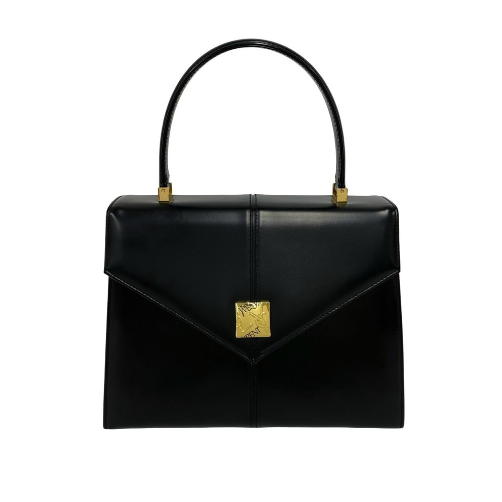 YVES SAINT LAURENT Vintage YSL Logo Hardware Leather Handbag Black 93657